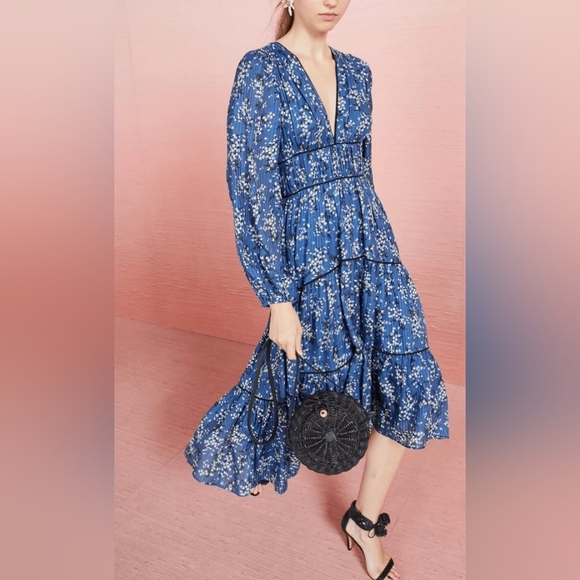 Ulla Johnson Dresses & Skirts - Ulla Johnson Floral Print Joan Gathered Jacquard Midi Dress Cornflower Blue Sz 0